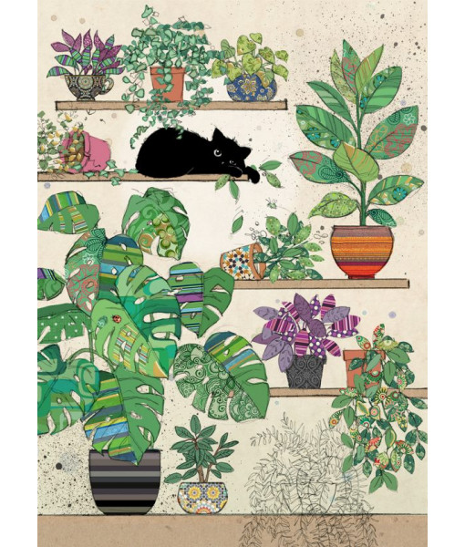 Carte Chat noir et plantes